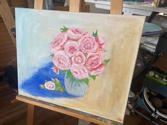 Blush in Bloom by Agnessa — pink flowers in a glass vase, full painting on an easel