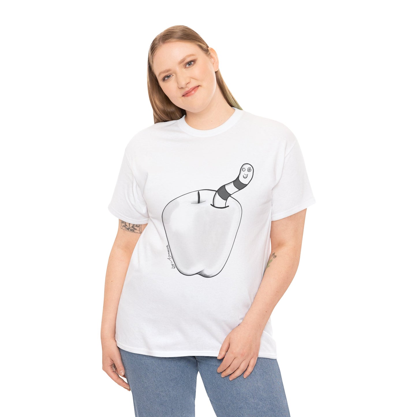 Whimsical Apple Worm Unisex Heavy Cotton Tee - Fun Design for Nature Lovers