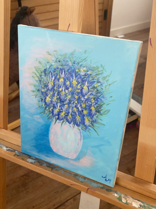 Blue Garden by Agnessa — blue flowers in a pale vase, original painting on an easel