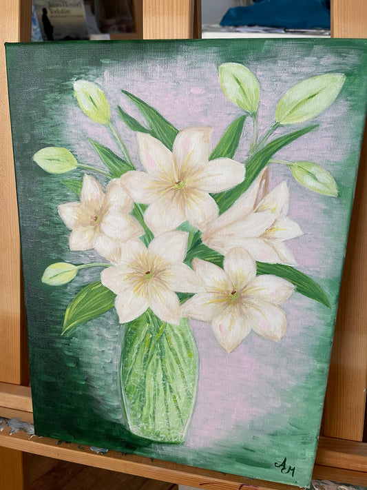 Lily Whisper by Agnessa — white lilies in a glass vase against a green and soft pink background